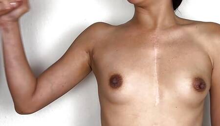 Small Tits Tease and Big Cumshot on Flat Asian Chest