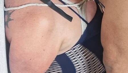 Mature submissive BBW bound to wall & roughly fed BBC, rough face fuck, slapping, spitting, degradation