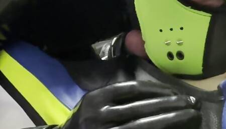 leather biker, play with his latex pup