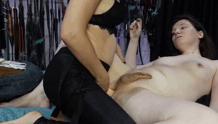 HJ and strapon for slave with changing many pairs of gloves