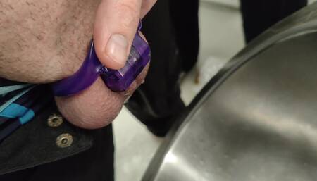 Peeing in public toilet wearing chastity with help from my gf