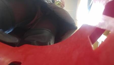 Sissy in chastity cage and two buttplugs underskirt at market & public cum at parking