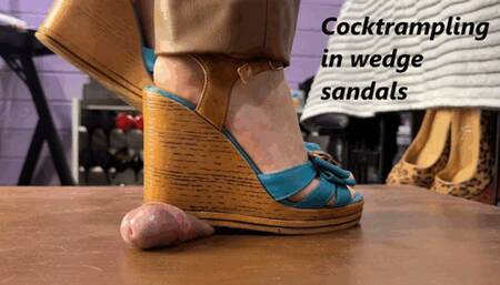 Cock trampling in wedge sandals