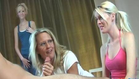 Bridgett and Ember are sucking this dick one by one on cam