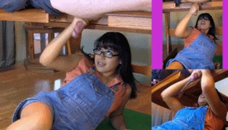 eRica gives a handjob under the milking table while wearing her cute overalls!!