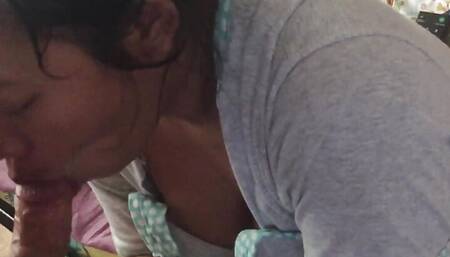 Indonesian maid sucking her white boss dick until cum in mouth