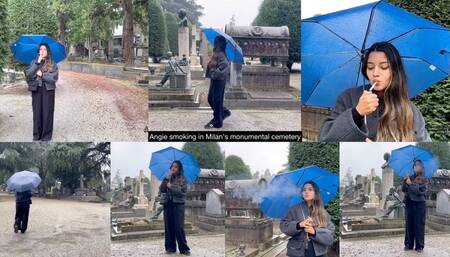 Angie smoking in Milan’s monumental cemetery