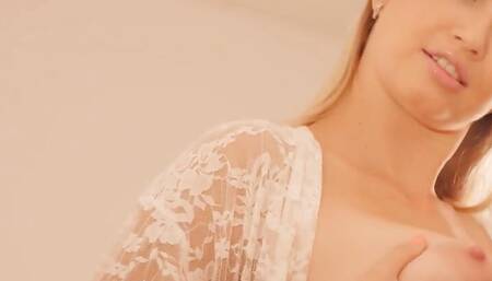 Blonde in a Lace Robe Smears Her Tits with Oil, Beautiful Masturbation Video