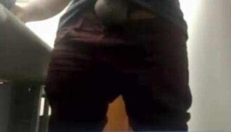 Brazilian Daddy Strokes His Big Uncut Cock at Work