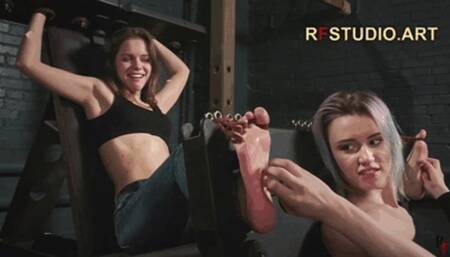 Astrid the Tickler and Leya the Ticklee Part 3 - Tickling and Licking her Bare Feet in Stocks (HD 720p MP4)