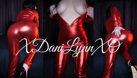 Ass Tease in Red Shiny Catsuit