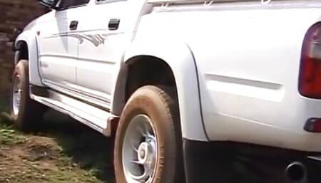 Black German babe rides big dick in nature