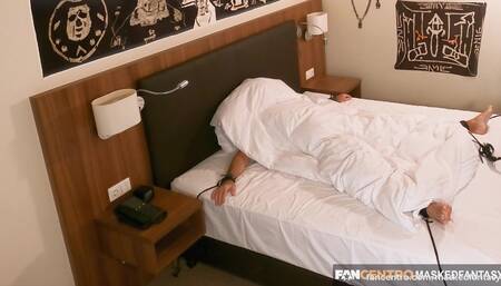 Mistress dominates tied Male Slave with a whip till Orgasm and spanks his cock while cum