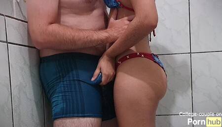 Dry humping in wet clothes, handjob cum in pants in the shower