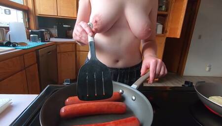 Topless housewife takes on 3 hot wieners at once