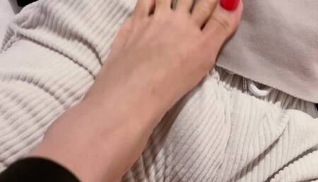 Playing with my best friend dick on his pants with my sexy feet