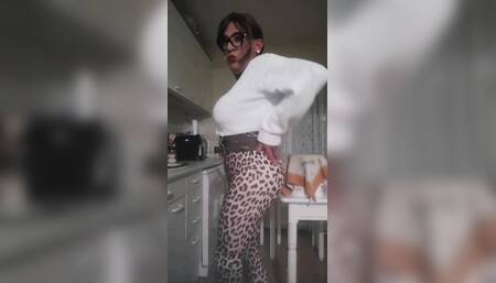 Crossdresser Dressed in Leopard Print Showing off Her Curves.