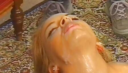 A magnificent blonde French babe fucks herself with a dildo and gets huge facials