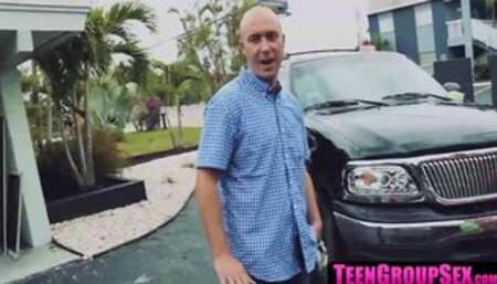 TeenGroupSex.com - Naughty chicks wash car and share lucky dude's cock