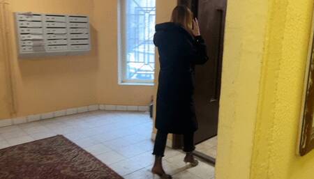 A girl in high-heeled shoes went out to the store and did not expect that the road would be so slippery