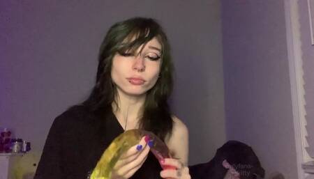 dumb emo spits n explores new gummy worm double dildo
