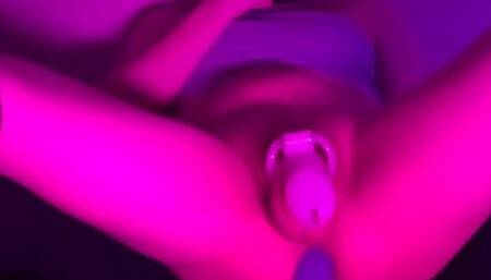 Sexy femboy Aki cums by sissigasm in the chastity cage while fuck herself with dildo