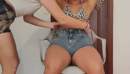 Gagged with oil in armpits and legs