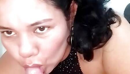 Beautiful girlfriend looks very cute sucking with throat