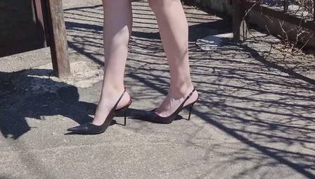 Aliona walks in Italian pointed toe slingback high heels with a straps down, high heels