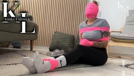 Vetwraphead Luana (Roleplay, Struggling, Partial Mummification, White Nike Crew Socks, Sneakers, Leggings, Next Door Girl, Mittens, Crop Top, Pink Vetwrap)