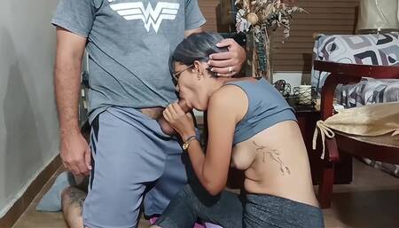 I help my stepmom with yoga and end up putting my cock in her mouth. She loves to swallow my cum.