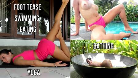 Yoga outdoors, topless pool swim, eating yogurt, naked bathing, bare feet tease - live stream