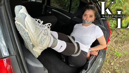 A Jog at the Park: Simona Caught in the Trunk (Roleplay, Duct Tape Bondage & Gag, White Nike Crew Socks, Leggings, Hair Up, Ponytail, Car in movement, Sneakers, Struggling, Foot Fetish)