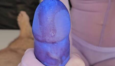 SpandexQueen comes twice in her purple nylon suit and jerks him off in his cock sheath