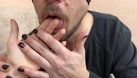 Goddess Finger Biting Fetish - Male black Nail polishing, Sucking hand, Worship Hands, Gagging Mouth, Teeth Tongue Fetish 4k