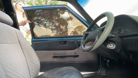 Karlotta in a white blouse makes sexy bounces