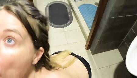 Girlfriend sucking dick inside toilet - Bathroom Blowjob