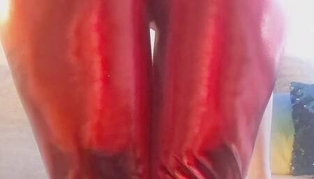 Farting in Tight Red Metallic Leggings
