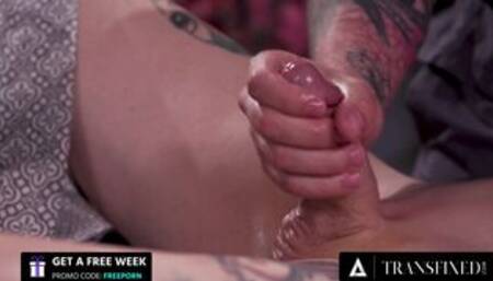 TRANSFIXED - Horny Cheateur Masseur Assfucks Wife's Oiled Up Trans Bestie Janie Blade
