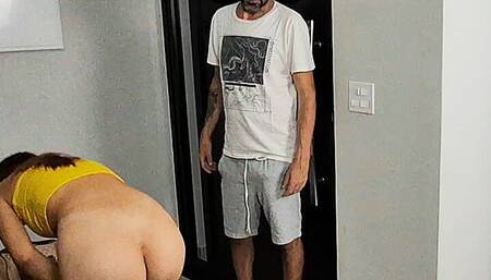 Naughty girl alone and naked at home receives motorcycle courier