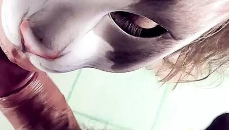 Kitsy. Blowjob in a kittycat mask. Sucking cock like a good girl.