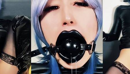 Drooling bound, caged and gagged sissy riding dildo