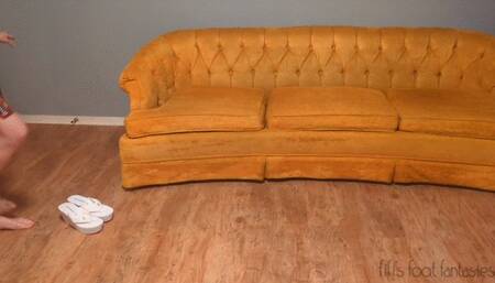 Fifi tries again to walk on slippery monster slime covered floor wearing modified platform wedge flip flops *NEW*