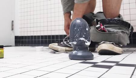 Huge Butt Plug Insertion and Cum Shot in Restaurants Bathroom (almost Caught)