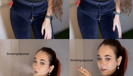 Smoking Multiples in velour and showing off my body, 2 cigs at once, Marlboro reds