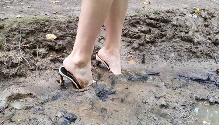 Gianmarco lorenzi high heels mules wrecked in mud, high heels stuck, dirty mules high heels, high heels in forest