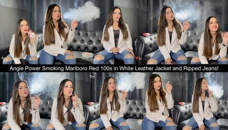 Angie Power Smoking Marlboro Red 100s in White Leather Jacket and Ripped Jeans!