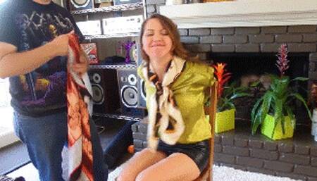 Elegant woman Chrissy Marie tied during home invasion, gagged and blindfolded with her expensive silk scarves!