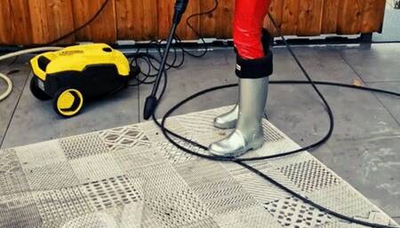 Terrace and carpet with pressure washer in sexy outfit and Hunter clean