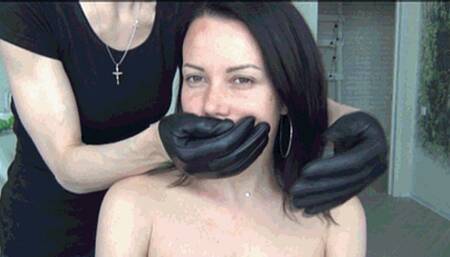 Leather gloves on the neck and face of the brunet sm (LG)